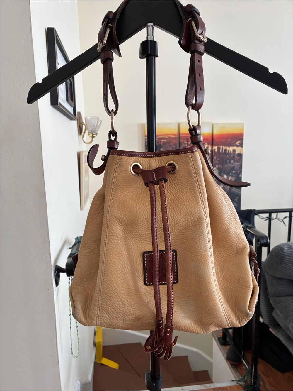 Dooney & Bourke Tan Leather Drawstring Shoulder Bag with Brown Trim